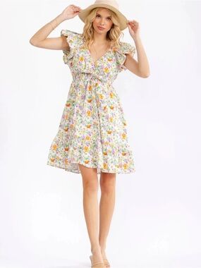 NWT Gilli White Floral Ruffle V-Neck Mini Dress Boutique E-2‎